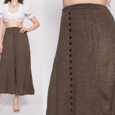90s Minimalist Knit Button Front Maxi Skirt - Small to Medium | Vintage Brown High Waisted A Line Stretchy Skirt 