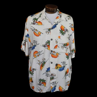 Vintage 80s Dog Print Rayon Hawaiian, Tropical Lifestyle Button Front Shirt, Sun Sports Original, Size Large 