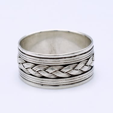 70's 925 silver size 10 braided cigar band, wide twined sterling ribbon hippie rrocker ring 