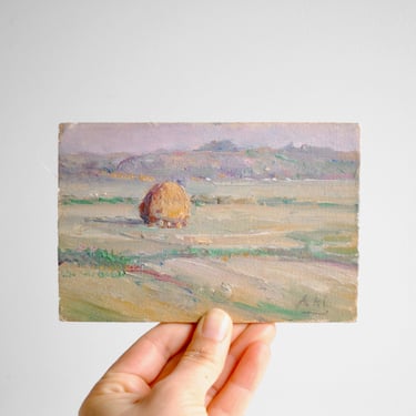 Vintage Tiny Landscape Oil Painting of Field and Hay Barrel in Sudbury, Massachusetts 