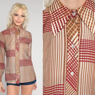 70s Checkered Shirt Red Brown Button Up Shirt Dagger Collar Blouse Preppy Disco Plaid Striped Collared 1970s Top Long Sleeve Vintage Small S 