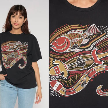 Sydney Australia Shirt Y2K Aboriginal Artwork T-Shirt Lizard Fish Snake Graphic Tee Retro Tourist Travel Top Black Vintage 00s Medium Large 