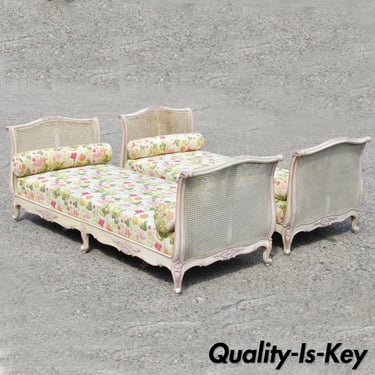 Pair of French Louis XV Style Pink & Cream Painted Bed Carved Wood & Cane Daybed