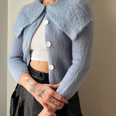 60s Shaggy Blue Mohair Cardigan | XS-S