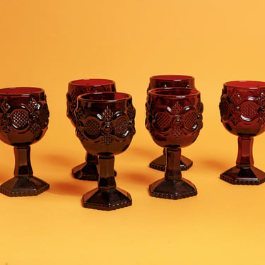 Set of 6 Vintage 70s Avon Dark Wine Red Glasses Chunky Crystal Glass Goblet Small Cups 