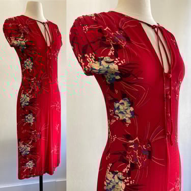 Vintage 70s Dress / SLINKY Rayon Crepe / Body Con / Ruched Sleeves + Peek-a-Boo Bodice + Thigh High Button Vent / Malibu Media 