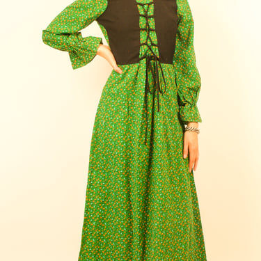1970s Green Floral Cottagecore Dress by Belinda with Lace Up Faux Corset Front