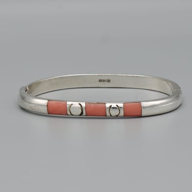 90's Mexico 925 silver coral oval clasp bangle, geometric sterling pink coral inlay boho bracelet 