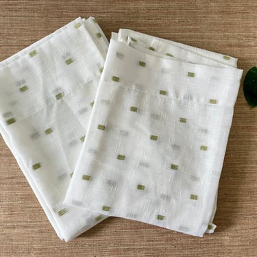 Vintage Curtains - White Sheer Curtains with Small Embroidered Green Squares - Set of 2 Sheer Curtain Panels - Linen Look Sheer Curtains 