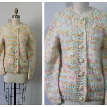 Vintage 1950s 60s Cardigan Pink Rainbow Sorbet Rosanna Mohair Pink Candy Sweater  // Modern Size US 4 6 8 10 Small Med 