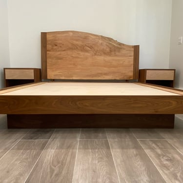 Contemporary Platform bed with Reclaimed Live Edge Headboard 