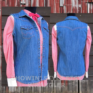 Vintage Retro Western Women's Cowgirl Vest by Wrangler, Rodeo Jacket, Blue Denim Sleeveless, Tag Size Small (see meas. photo) 