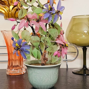 Mid Century Jade Bonsai Tree Glass Flowers 