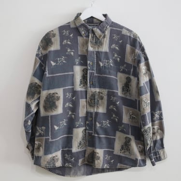 vintage 1990s HUNTING dogs & peasants button down ANIMAL MONTAGE 90s vintage button down shirt -- size medium 