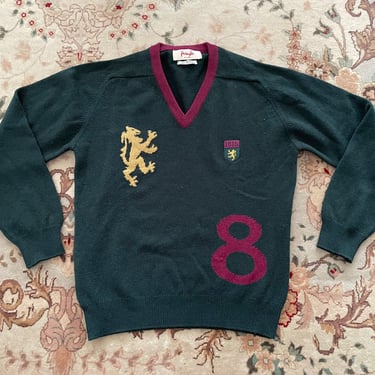 Vintage ‘90s Y2K Pringle of Scotland sweater, forest green & wine lambswool with jacquard lion/griffin, 8 and embroidered crest, S/M 