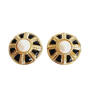 Vintage St John Earrings Clips Gold Pearl Black Enamel Button Style 