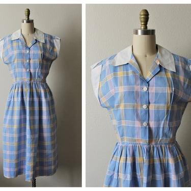 Vintage 1940s 50s Cotton Blue Pink Plaid Day Dress short cap sleeve vtg 40s // Modern Size US 6 8  Medium 