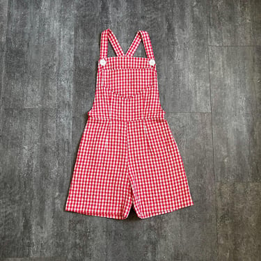 1950s 1960s shortalls . vintage gingham overall shorts . 27 waist 