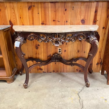 Ornately Carved Cabriole Leg Console Table with Stone Top