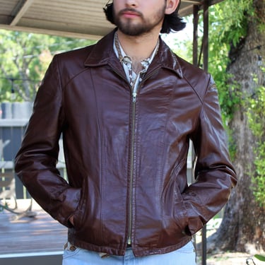 Vintage 1970s Reed Sportswear Brown Leather Jacket, Medium Men, Short Jacket, Zip up 