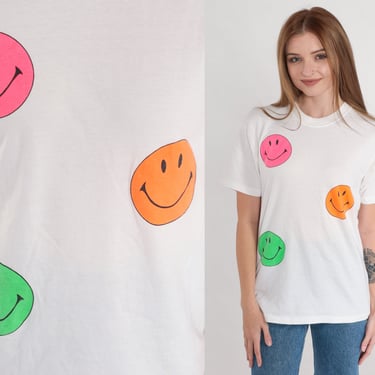Smiley Face Shirt 90s Happy Face T-Shirt Neon Pink Orange Green Hippie Smile Graphic Tee Single Stitch White Colorful Vintage 1990s Small S 