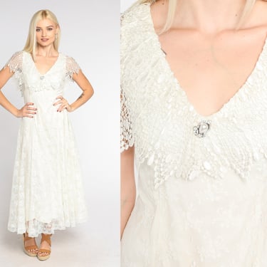80s White Lace Dress Wedding Dress Floral Midi V Neck Capelet Gown Party Formal Cocktail Scott Mcclintock Vintage 1980s Extra Small xs 2 