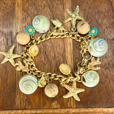 Vintage Charm Bracelet Nautical Iridescent Sea Shells Ocean Gold Tone Starfish 