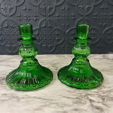 Green Glass Candle Holders x 2