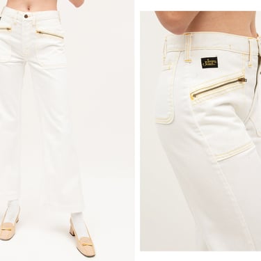 Vintage 1970s 70s White High Waisted Flared Zipper Jeans w/ Yellow Stitching // Jeans Joint Retro Flares 