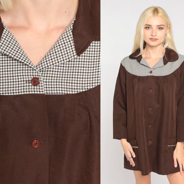 Brown Blouse 70s Checkered Yoke Button Up Tunic Top Plaid Retro Pockets Hippie Seventies Long Sleeve Tent Vintage 1970s Medium M 