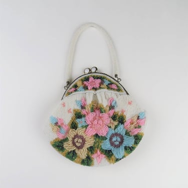 Vintage 1960s beaded floral handbag, purse, mini bag, cocktail, formal, pastel 