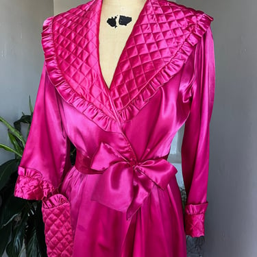 1940s Silky Satin Magenta Lounging Robe Quilted Details Tie Waist 38 Bust Vintage Boudoir Old Hollywood 