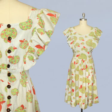 1930s Dress / 30s 40s Cotton Novelty Print Fuzzy Apple Dres / Button Back 