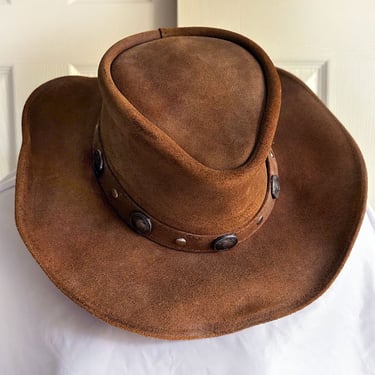 MINNETONKA Leather Mens Hat Brown Suede Buffalo Nickle Outback 