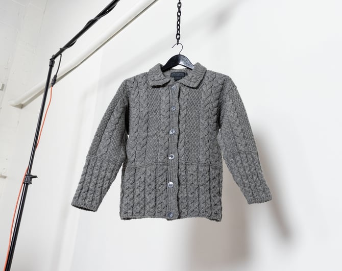 ENGLISH WOOL CARDIGAN Vintage Grey Cable Knit Sweater Heather Speckled Warm Fall Winter Woman Oversize / Medium 