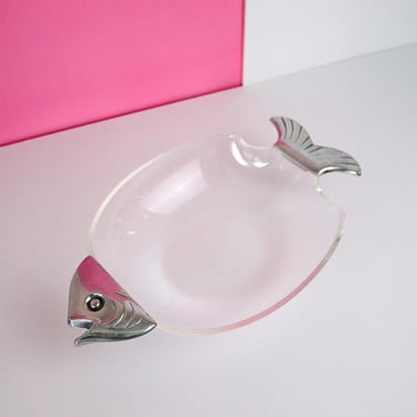 Vintage 1980s Lucite Bowl With Silver Fish Handles 