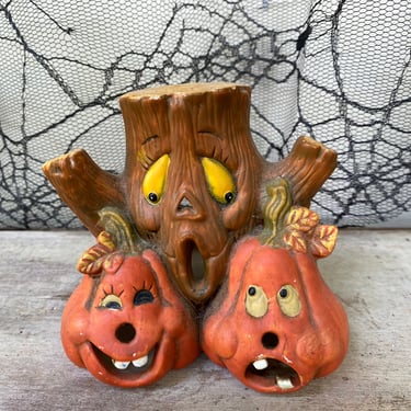 Halloween Votive Candle Holder, Jack O Lanterns And Tree, Anthropomorphic, Vintage Late 90's/early 2000, Halloween Decor 