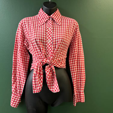 red gingham blouse 1960s rockabilly country gal button down large 