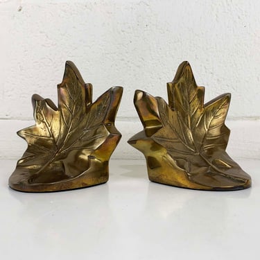 Vintage Brass Maple Leaf Bookends Metal Mid-Century Hollywood Regency Leaves Home Decor Bookcase Book Shelf Office 1970s 70s 