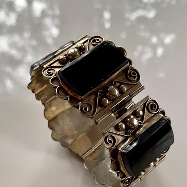 1950's Sterling & Black Obsidian Bracelet - TAXCO - Wide Oval Stones - Swirl Design Details - Handmade in Mexico - Box Clasp - 7 Inches Long 