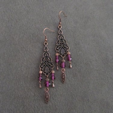 Antique copper filagree chandelier earrings, purple crystal earrings 