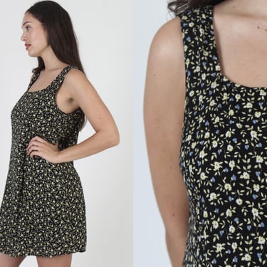 90s wedding guest dress Vintage 90s Black Floral Bias Cut High-Low Midi Dress