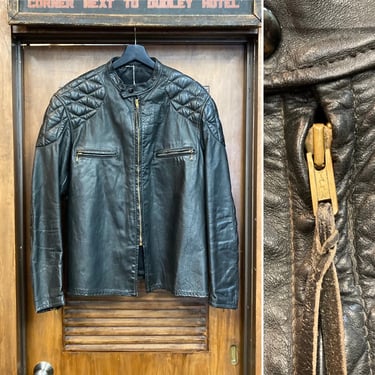 Vintage 1960’s Size XL Black Cafe Racer Padded Detail Leather Jacket, 60’s Motorcycle Jacket, Vintage Jacket, Vintage Clothing 