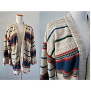 Vintage 70s Cardigan Sweater - Space Dye Wrap - Hippie Boho Bell Sleeves Cozy Fall Winter Knit - Size Large 