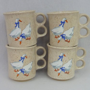 80s Country Ducks Coffee Mugs - Set of 4 Cups - Brown White Orange Blue - Vintage 1980s 