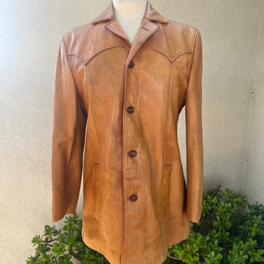Vintage leather jacket amber brown pockets lined Western Mens medium women Large 