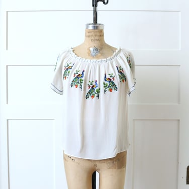 vintage 1930s 40s embroidered peasant blouse • colorful peacock hand embroidery bohemian blouse 