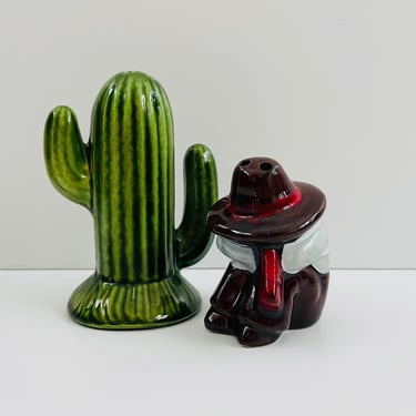 Vintage Ceramic Cactus and Mexican Amigo Salt & Pepper Shakers / Made in Arizona / FREE SHIPPING 