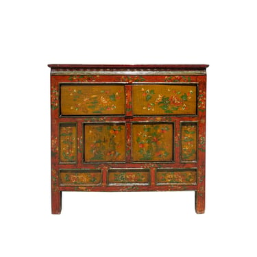 Distressed Rustic Chinese Tibetan Floral Side Table Cabinet cs7337E 