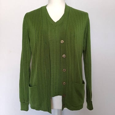 Vintage 1970's Hickory Knits Olive Green Cardigan Sweater Set 